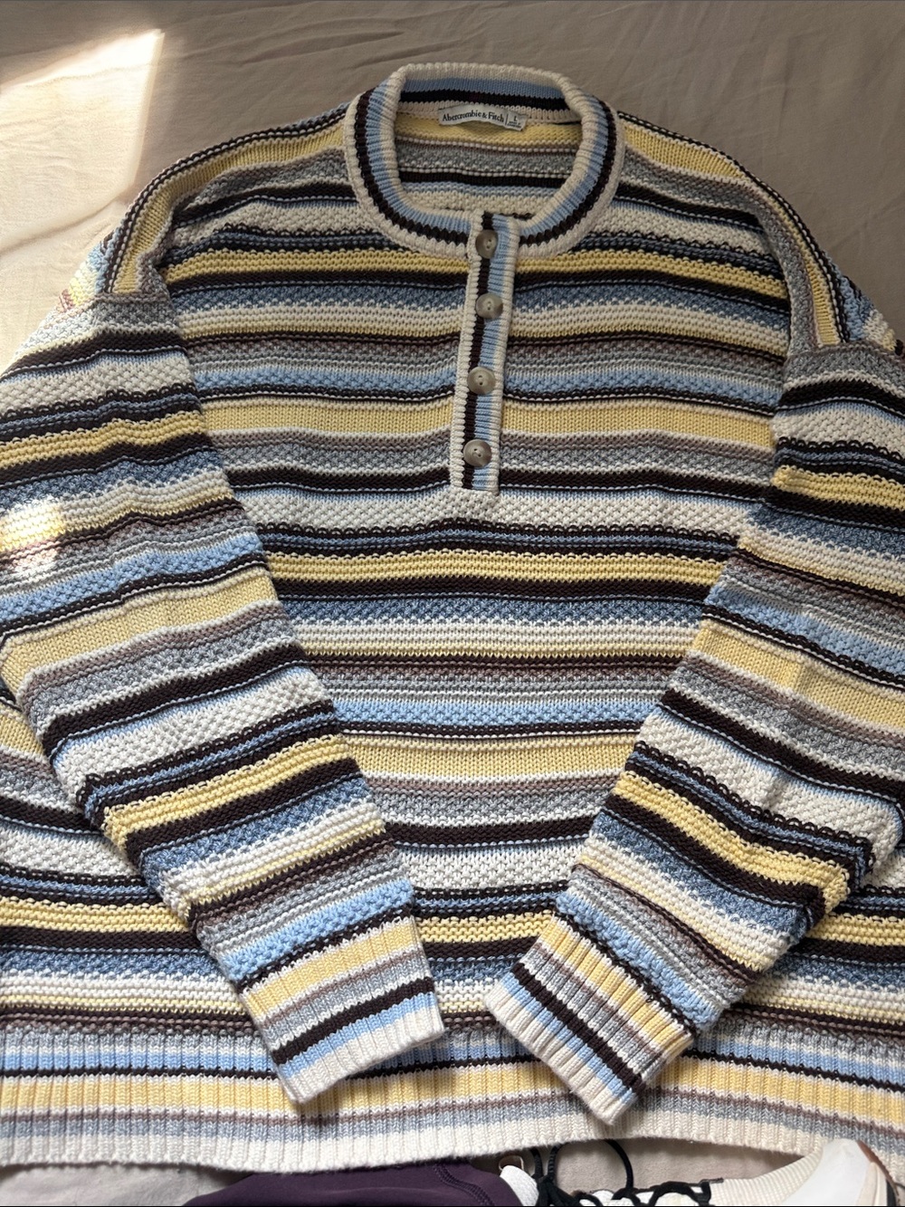 Abercrombie & Fitch Men's Striped Henley Sweater - Light Blue, Yellow, White